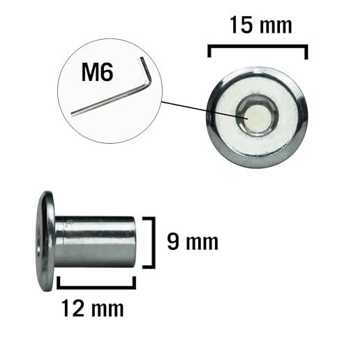 10 Stück Hülsenmuttern mit Flachkopf und Innensechskant – rostfrei – Möbelschrauben, Schraubhülsen, Verbindungsschraube (M6x12)
