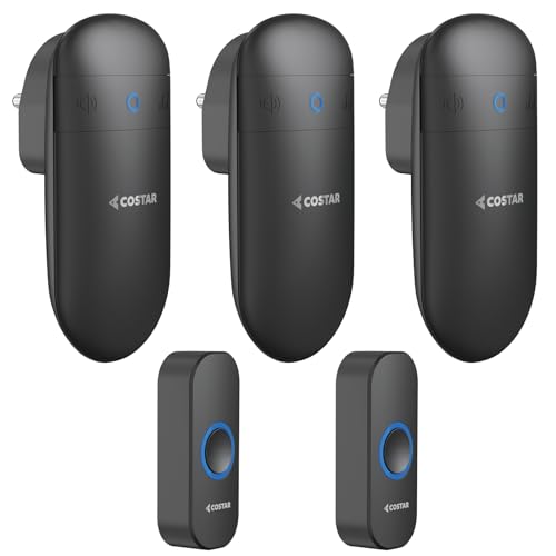 COSTAR Wireless Door Bell Kits Chime for Home Office with LED Light 300 Meter 1000 Feet Operating Range 32 Ringtones 5 Levels Volume, 3 Receiver and 2 Push Button IP44 Waterproof (Pebble T332-Black)