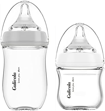 Gulicola Natural Glass Baby Bottle for Breastfed Babies, Slow & Medium Flow, Anti-Colic, 0-6 Months, 3oz & 5oz, 2 Count(Grey White)