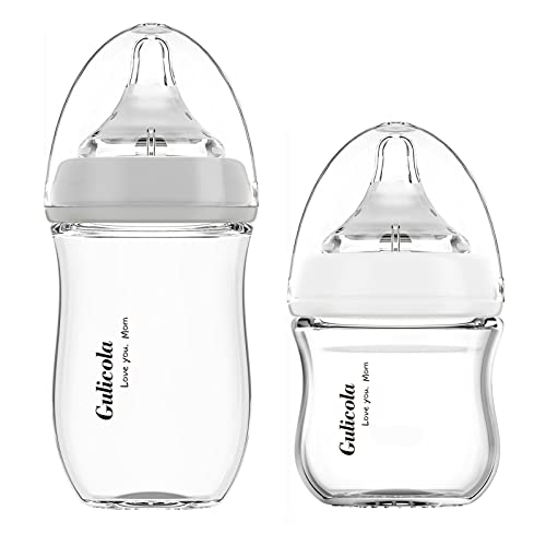 Gulicola Natural Glass Baby Bottle For Breastfed Babies, Slow & Medium Flow, Anti-Colic, 0-6 Months, 3Oz & 5Oz, 2 Count(Grey White) #TOP1