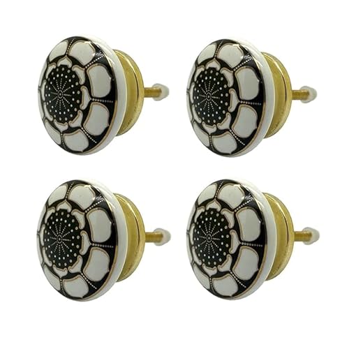 Image of Ceramic Knobs Drawer Pulls for Cabinets and Cupboards (38mm, Gold Multicolour) - Pack of 4 knobs (White Flower of Fate)
