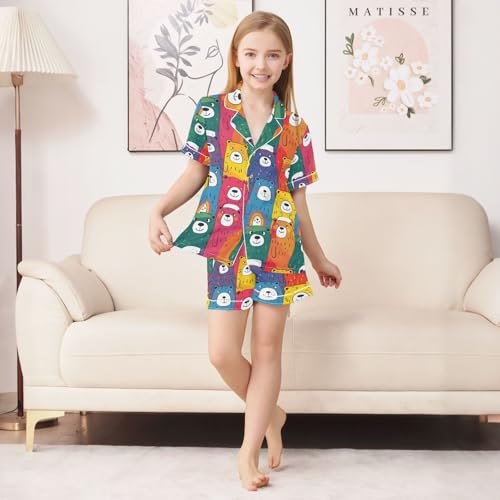 ALAZA Bear Colorful Cartoon Pajamas Satin Pajama Set Short Sleeve Button Down Sleepwear3