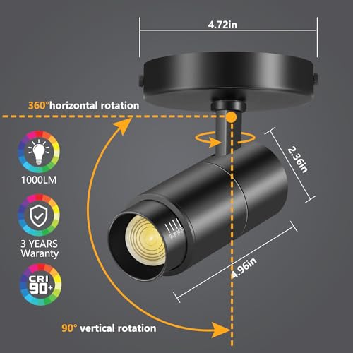 Image of VANoopee 3-Color Zoomable Ceiling Spot Lights Indoor Flush Mount Adjustable LED Ceiling Spotlight Directional Light Fixture Dimmable Accent Light for Picture Art -CRI90 15-60 10W 1000lm Black