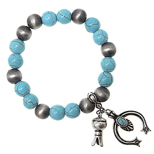 Image of Crescent Moon Stretch Bracelet Navajo Western with Squash Blossom Charm (Turquoise)