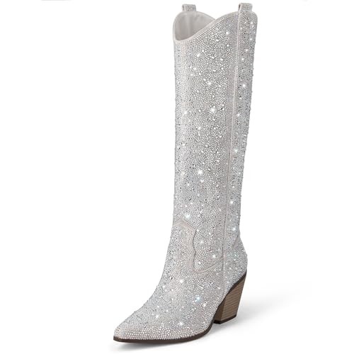 MUCCCUTE Women's Rhinestone Western Knee-High Boots Cowgirl Point-Toe Block Heel