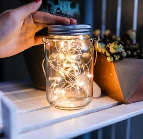 RSKVA || Solar Jar Lid Lights, 1 Pack 10 LED Waterproof Fairy Firefly String Lights with (1 Hangers Included,Jars Included), for Mason Jar Table Garden...-image-46