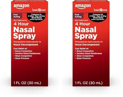 Amazon Basic Care Nasal Four Nasal Spray, Phenylephrine Hydrochloride 1%, Fast-Acting Decongestant, Non-Drowsy, Sinus Pressure Relief, 1 fl oz (Pack of 2)