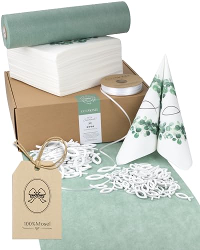 100%Mosel Tischdeko-Set – Eukalyptuskranz & Fisch (25–50 Gäste) – Komplettset für Kommunion & Konfirmation mit Vlies Tischläufer, Airlaid Servietten, Streudeko & Satinband