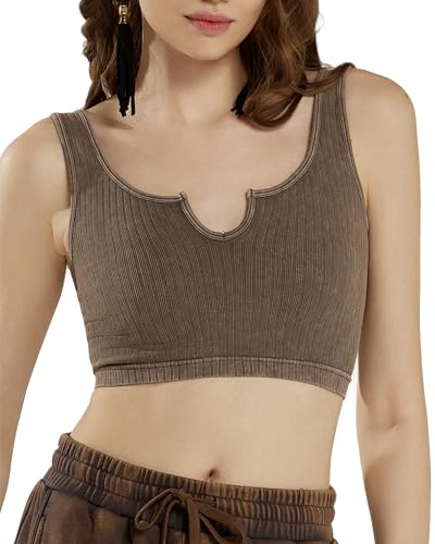 Image of noflik Seamless Ribbed Knit Bralette for Women Ribbed Stretch Crop Tank Casual Yoga Bra, #Int1058 / Chocolate, L