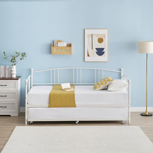 Image of Garvee Twin Daybed with Trundle, Sturdy Metal Day Bed with Arched Headboard and Steel Slat Support, Pullout Trundle with 6 Casters, Sofa Bed for Living Room Bedroom and Guest Room, White | Pullout Trundle, Six Smooth Casters, Space-Saving Design, Extra Sleeping Space, Easy Assembly, White