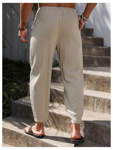 GORGLITTER Men's Straight Leg Cropped Pants Drawstring Waist Casual Trousers with Pockets3