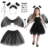 SHOWHEEL Disfraz de Murciélago para Niña 5 Piezas,Disfraces Tutus Niño de Tul Alas Diadema Varita,con Pegatinas de Murciélago,Alas Murcielago Niña,para Fiesta de Cosplay de Carnaval