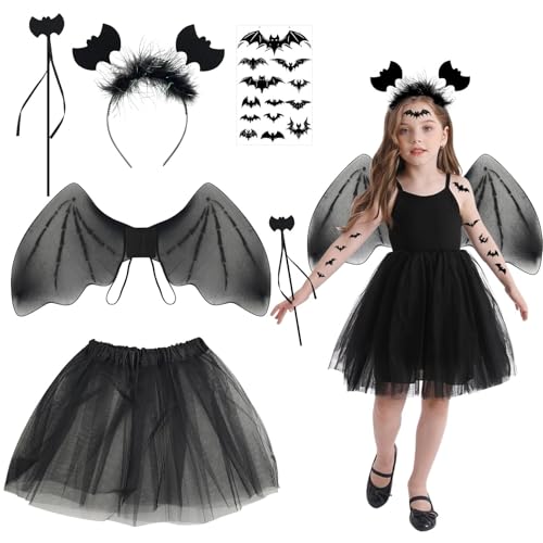 SHOWHEEL Disfraz de Murciélago para Niña 5 Piezas,Disfraces Tutus Niño de Tul Alas Diadema Varita,con Pegatinas de Murciélago,Alas Murcielago Niña,para Fiesta de Cosplay de Carnaval