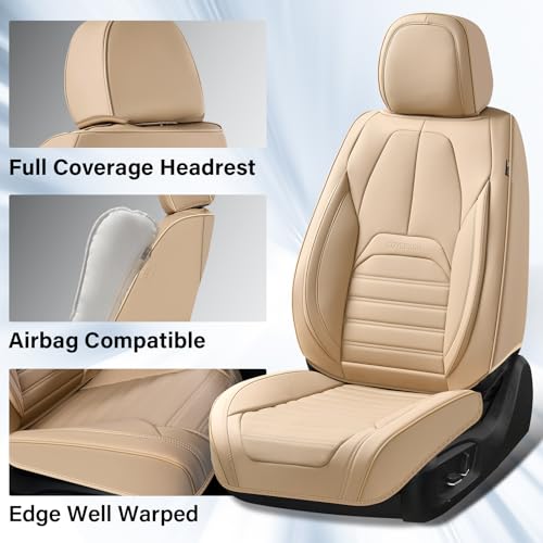Image of Car Seat Covers Full Set, Beige Seat Covers for Cars, Automotive Seat Covers, Waterproof Nappa Leather Front Seats and Back Car Seat Protector, Universal Fit for Most Cars SUV Trucks