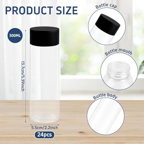Rainmae 24 Stück Klare Saftflaschen aus PET-Kunststoff, 350 ml Sensorik Kunststoffflaschen mit Deckel, Kunststoff Saftflaschen zum Befüllen für Sensorik-Basteln,Partybedarf Auslaufsichere