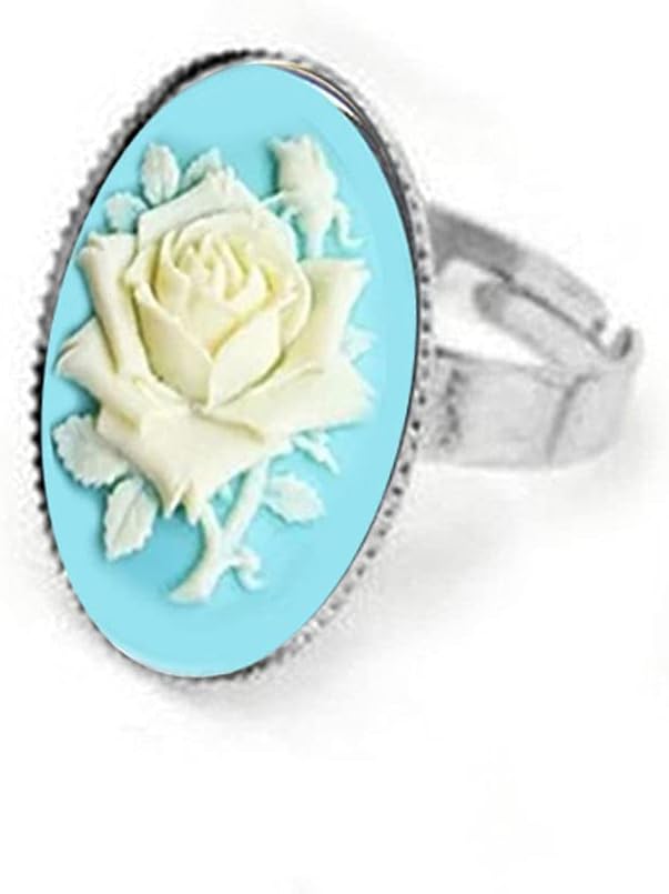 Turquoise Blue Rose cameo silver plated ring