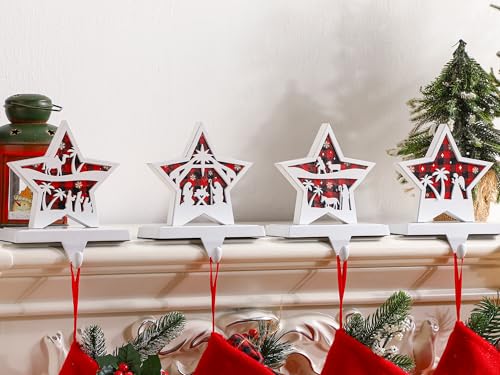 Hicarer Set of 4 Christmas Stocking Holders for Mantle Metal Wooden Stocking Hanger Farmhouse Rustic Stocking Hooks for Fireplace Mantel Decorations Holiday Party (Nativity)