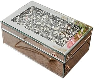 HomeZone® Luxury Silver Crushed Diamante Diamond Mirrored Glass Jewellery Box with Black Velvet Inlay Decorative Mirrored Cabinet Elegant Trinket Box Keepsakes Box Jewellery Mirror Storage Chest