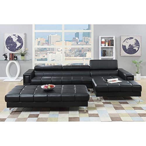 Poundex Bobkona Hayden Bonded Leather Sectional with Adjustable Back, Black