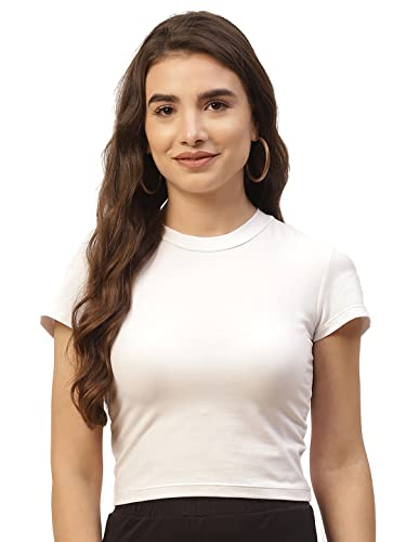 Image of Women Solid Super Soft streachable Cotton Lycra Blended Crop Top (M, White)