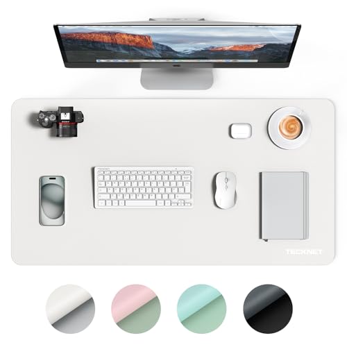 TECKNET Desk Mat Large - 800x400mm Double-Sided Leather Desk Pad, Ultra Thin Large Mouse Pad, Waterproof Desk Pad for Computer, Wipeable Laptop Desk Protector Mat for Office and Home (White & Silver)