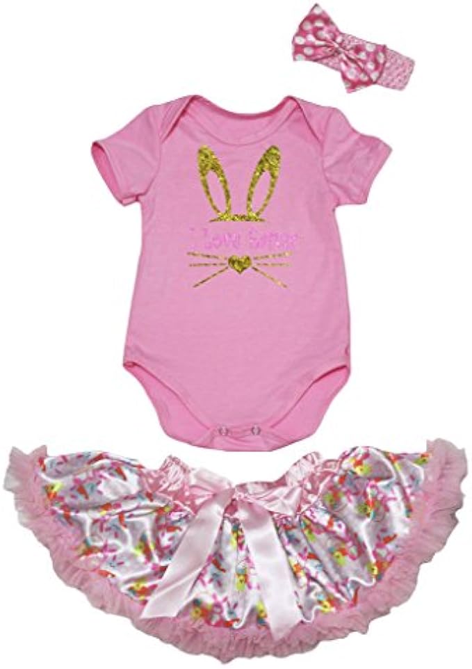 Petitebella I Love Easter Pink Romper Pink Easter Rabbits Baby Skirt Nb-12m