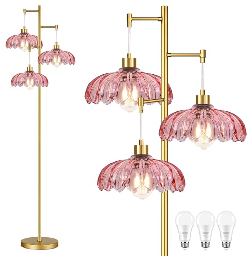 Image of Vintage Floor Lamps for Living Room Bedroom-3 Light Glass Floor Lamp with Three Led Bulb, Tall Flower Floor Lamp Gold Mid Century Modern Standing Lamp Tree Floor Lamps for Living Room Bedroom Corner