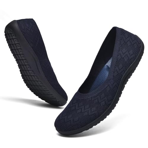 DEXJEWU Women's Wide Toe Box Flats Shoes Knit Ballet Flat Slip-on Dress Walking Comfort Shoes, 005 Navy, 11