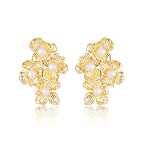 Mameloly Lilac Flower Stud Earrings for Women 14K Gold Plated Simulated Pearl Stud Earrings Dainty Women's Jewelry Hypoallergenic by Mameloly - Used condition - US$18.58