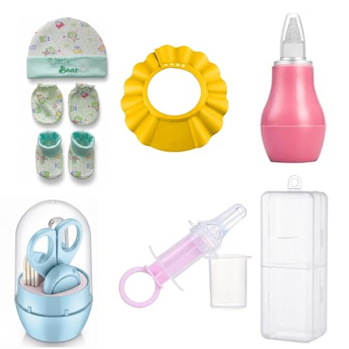Image of Safe-O-Kid Baby Grooming Care Kit | 1 Nasal Aspirator, 1 Silicone Medicine Feeder, 1 Grooming Set, 1 Baby Cap Mitten Bootie Set & 1 Bath Shampoo Cap | BPA-Free Baby Care Essentials | Assorted