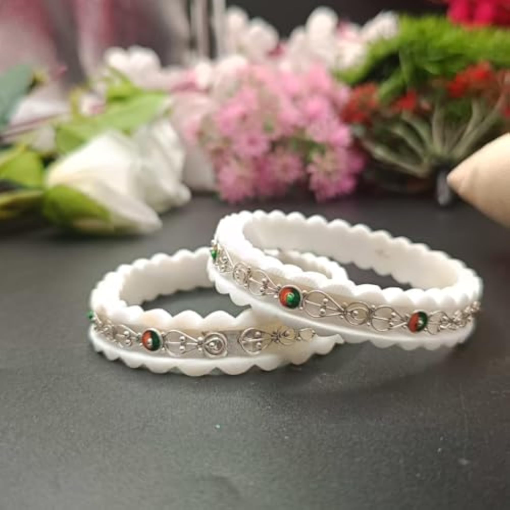 Women's Elegant Silver Work White Bangles with Red & Green, Velvet Box Gift