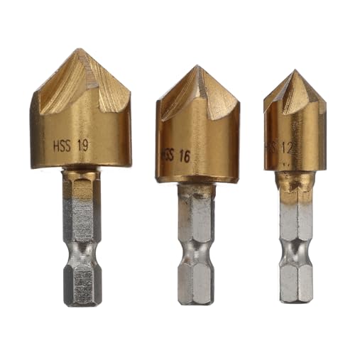 OATIPHO Juego de 3 Fresas de Chaflán de 5 Filos Mango Hexagonal Acero de Alto Rendimiento Tamaños 12-16-19 MM Brocas Avellanadoras Resistentes para Taladrado y Mecanizado Profesional