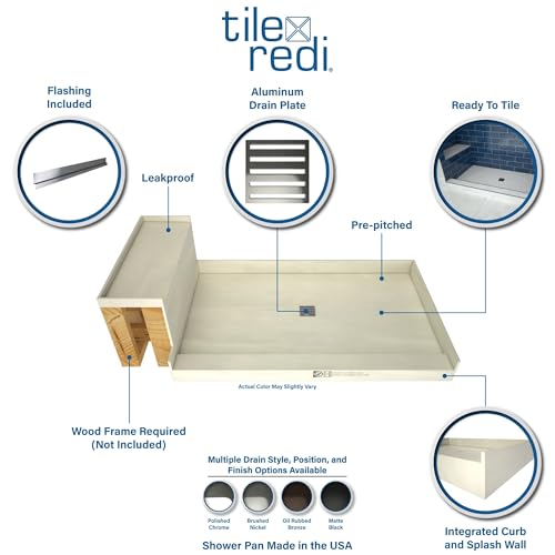Base'N Bench 42 in x 72 in Single Curb Tileable Shower Pan with Center Drain, Brushed Nickel Grate, and Bench by Tile Redi - Used condition - Image 2