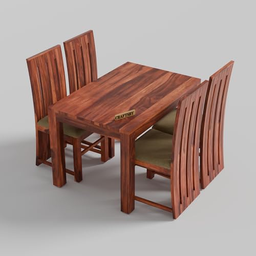Image of 45 Inches Length Solid Sheesham Wood 4 Seater Dining Table Set | Four Seater Dinner Table with 4 Cream Cushions High Chairs| Dinning Table Set 4 Seater for Living Room| Honey Finish