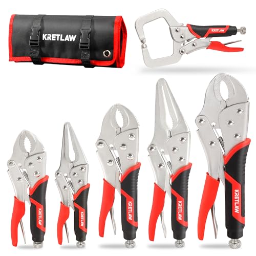 Vice Grips Pliers Set, 6-Piece Locking Pliers Set, 6-1/2”&9-1/2” Long Nose Locking Pliers, 5”, 7” and 10” Curved Jaw Vise Grip Pliers, 6” C-clamp with Rolling Pouch by KRETLAW - Used condition - US$25.58