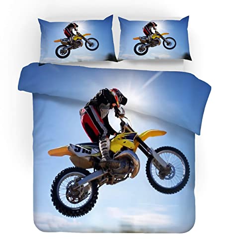 WFBZ 3D Literie 90x200cm 1 Housse de Couette et 1Taie d'oreiller 63x63 cm Noir 3D Moto Impression Microfibre Hommes Jeunes Garçons Enfants Parures de lit Cover