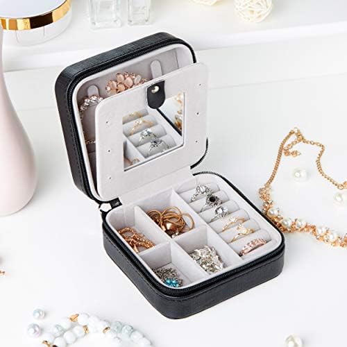 Meerveil Jewellery Box Organizer, Jewellery Boxes PU Leather with Mirror and Lock, Portable Jewellery Storage Case for Rings, Earrings, Necklaces, Gift for Girls and Women (Black)