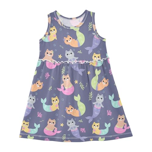 Cute Mermaid Cats Sleeveless Summer Casual Dress Girl's Short Skirt Round Neck Dress 2T
