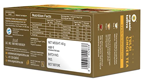 Image of Organic Tattva Green Tea Tulsi Ginger, 20 Tea Bags | Herbal Infusion for Daily Refreshment, Immunity Support, and Soothing Warm Beverage (Pack of 3)