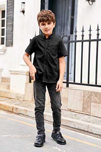 Boys' Short Sleeve Dress Shirts Classic Collared Button-Down Tshirt Solid Cotton Top With Chest Pocket Black #TOP5