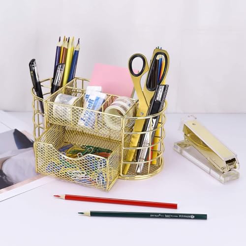 Image of 9 Compartment Metal Desk Organizer & Makeup Storage Holder with Detachable Drawer | Multi-Purpose Stationery, Cosmetic & Office Desk Organizer for Home, Study Table & Vanity (Gold)