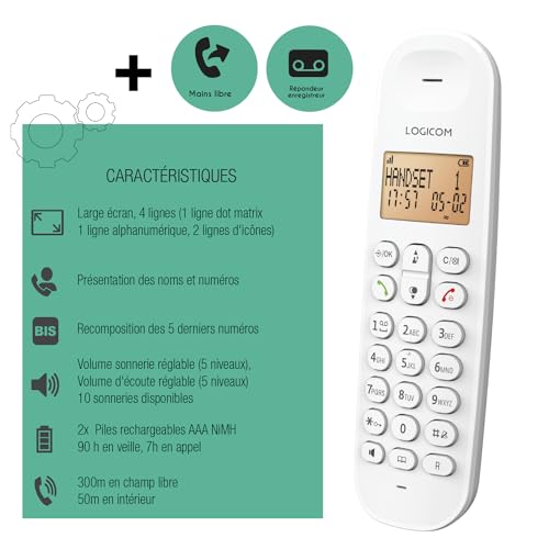 Logicom - Iloa 155T - DECT Schnurlostelefon mit Anrufbeantworter – 15 Min Aufnahme – Freisprechfunktion – 300 m Reichweite – 90h Standby – Weiß