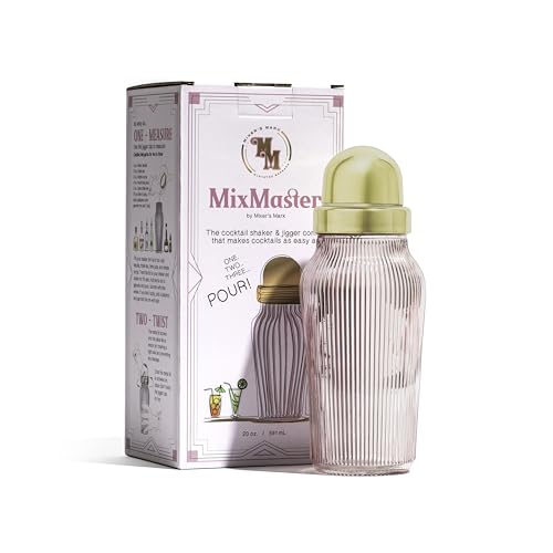 The MixMaster Cocktail Shaker with Strainer and Jigger Measuring Cap - Art Deco Leakproof Glass Drink Mixer for Crafting Cocktails - Innovative Home Bartending Supplies and Accessories - Pink