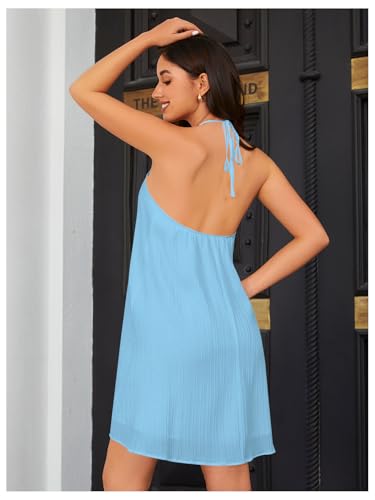 Image of OYOANGLE Women's Summer Beach Dresses Sleeveless Halter Tie Back Solid Backless Flared Short Dress