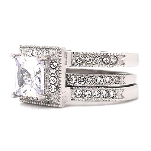 Flamereflection Women Wedding Ring Sets Stainless Steel Halo Princess Cut Cubic Zirconia Cz Engagement Anniversary Ring Bridal Set Size 5-10 #TOP4