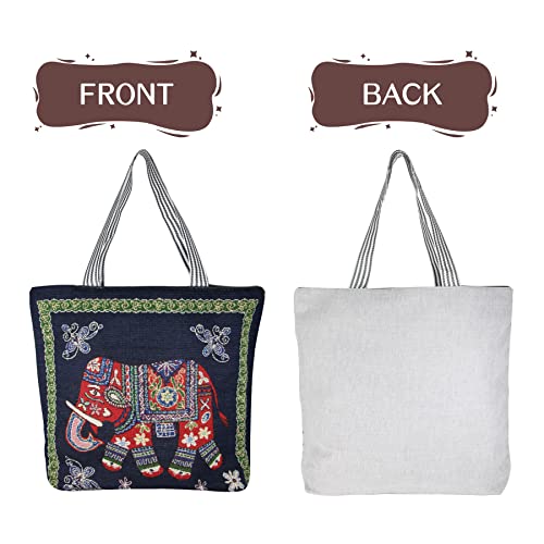 Hibala Tote Handbags For Women Large Embroidered Canvas Shoulder Bag Daily Bag Boho Bag (Elephant) #TOP4