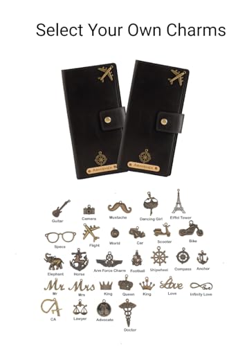 Image of AICA Personalized Name & Charm Long Leather Wallet Passport Cover (Black) with Passport Boarding Pass Organizer Currency Card & Coin Holder for Men & Women | Birthday Anniversary Travel Office Gifts