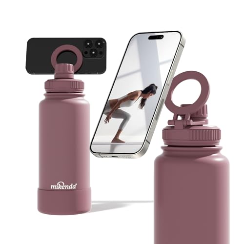 Mikenda 32oz Insulated Tumbler with Magnetic Phone Holder Gym Water Bottle | Leak Proof Lid 24hr Cold & 12hr Hot Non-Slip Base | Travel Mug Reusable & Eco-Friendly (smoky pink 32 ounces)