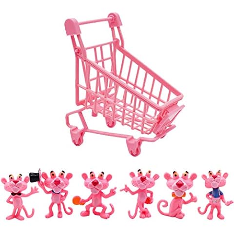 Cartoon Cake Creative Decoration 6PCS Pink Panther Cart Pink Mini Figures Set Creative 1pcs Shopping Cart Shape Birthday,Party Cake Set,Cake Topper Party Supplies Cupcake Figurines Cover