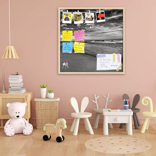 Image of ArtzFolio Sea, Air, & Land Monochrome Contrast | Bulletin Board Notice Pin Board | Vision Soft Board Combo with Thumb Push Pins & Sticky Notes | Natural Brown Frame | 28 x 28 inch (71 x 71 cms)